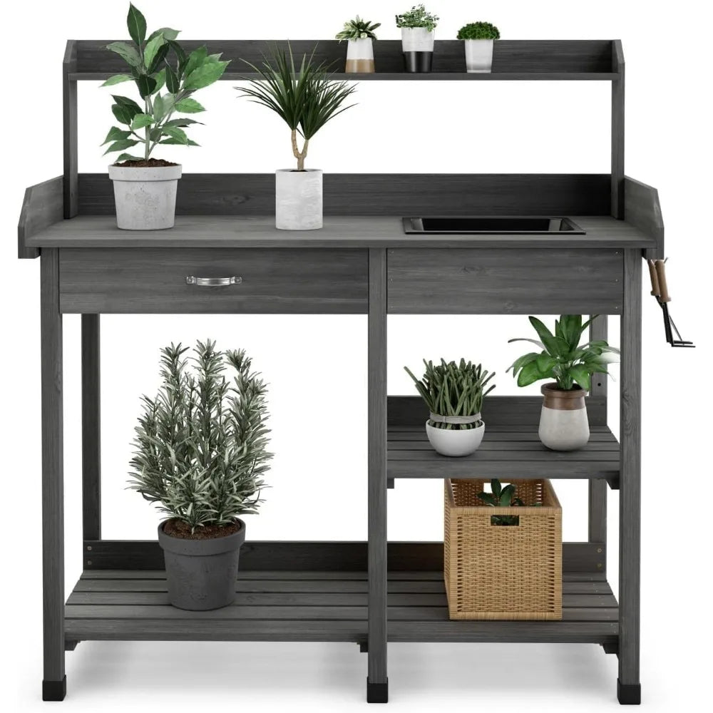 Solid Wood Potting Bench with Planting Shelf, Sink and Drawer.