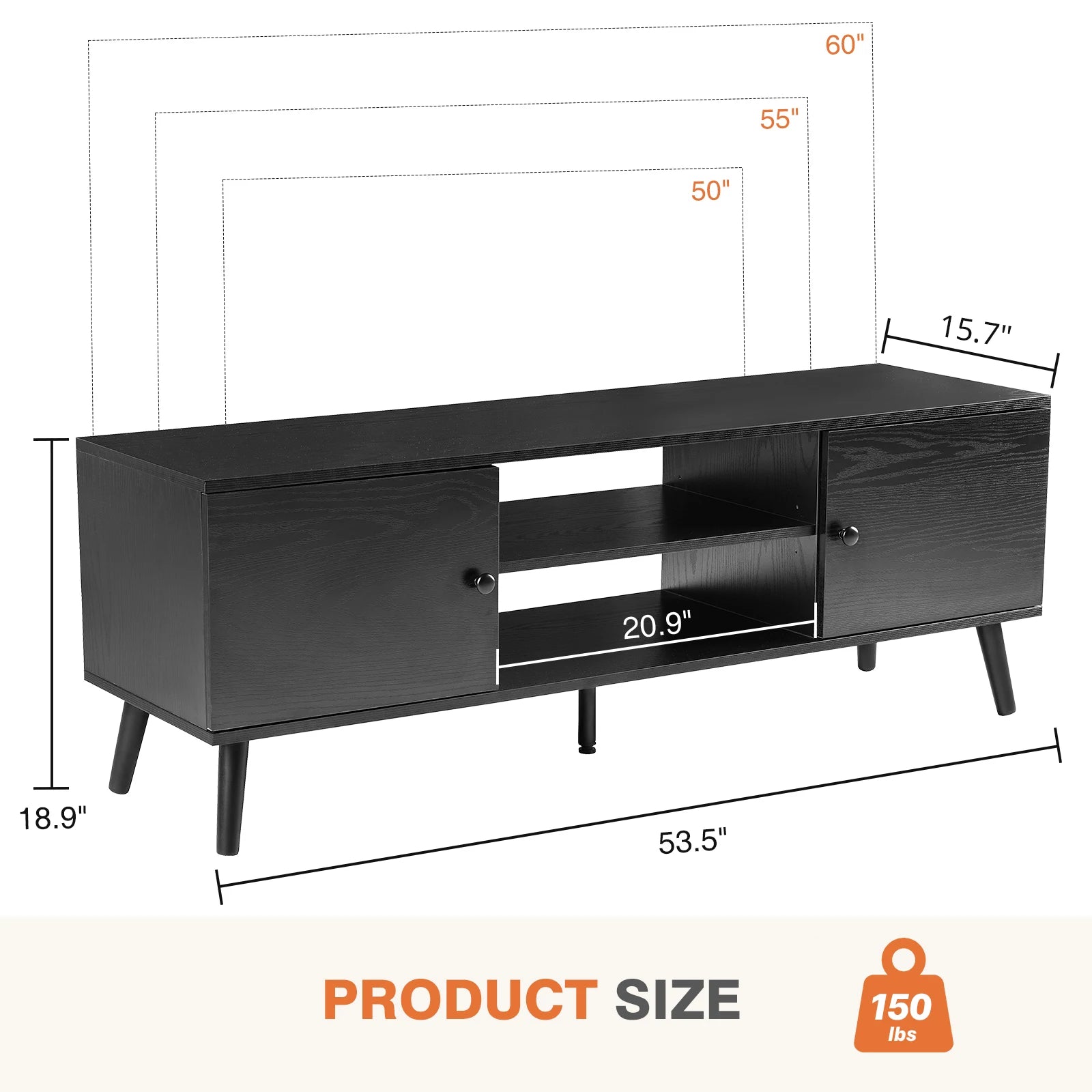 Wooden Stand/Entertainment Center For Up To 60 Inch TV with two Cabinets, Adjustable Shelf  and Two Cord Holes