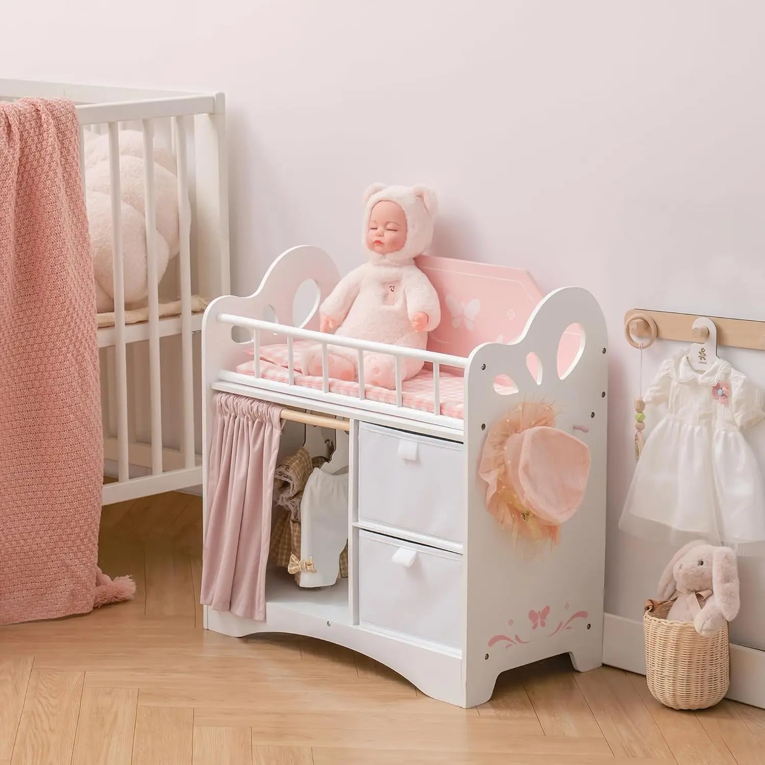 Pink and White Wooden Baby Doll Furniture Crib  with Storage Bedding and Wooden Hooks .