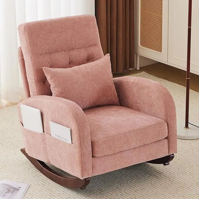 Upholstered Rocking Chair/Glider with Thick Headrest, Curved Armrest and Side Pockets. Two Styles and Various Colors.