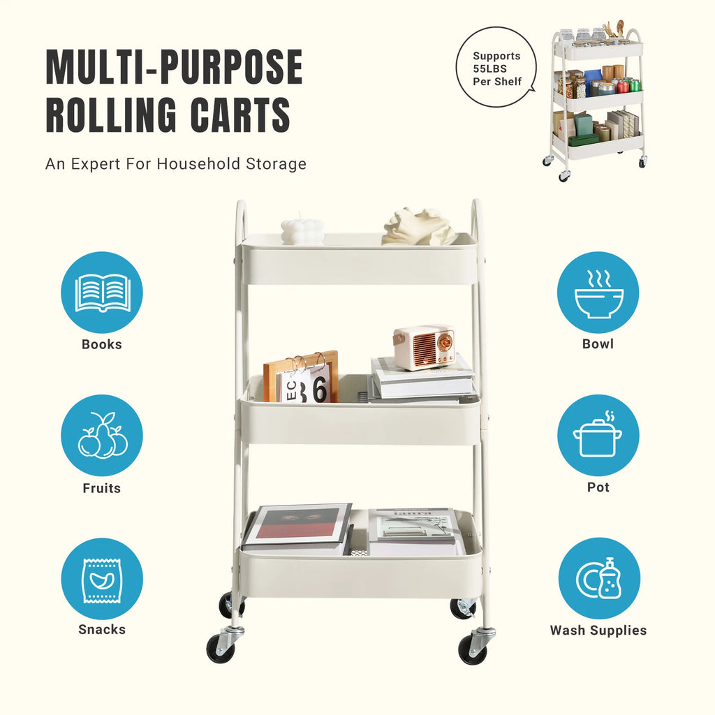 3 Tier Metal Storage Kitchen Cart with Lockable Wheels. Supports 55 lb. per shelf