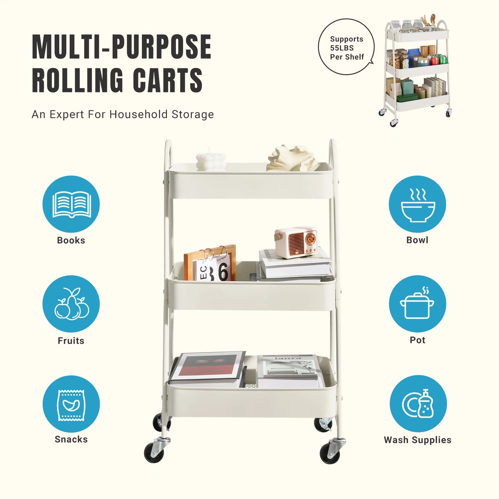 3 Tier Metal Storage Kitchen Cart with Lockable Wheels. Supports 55 lb. per shelf