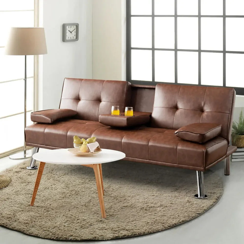 Convertible Folding Leather Futon Sofa Bed  w/ 2 Hidden Cup Holders.