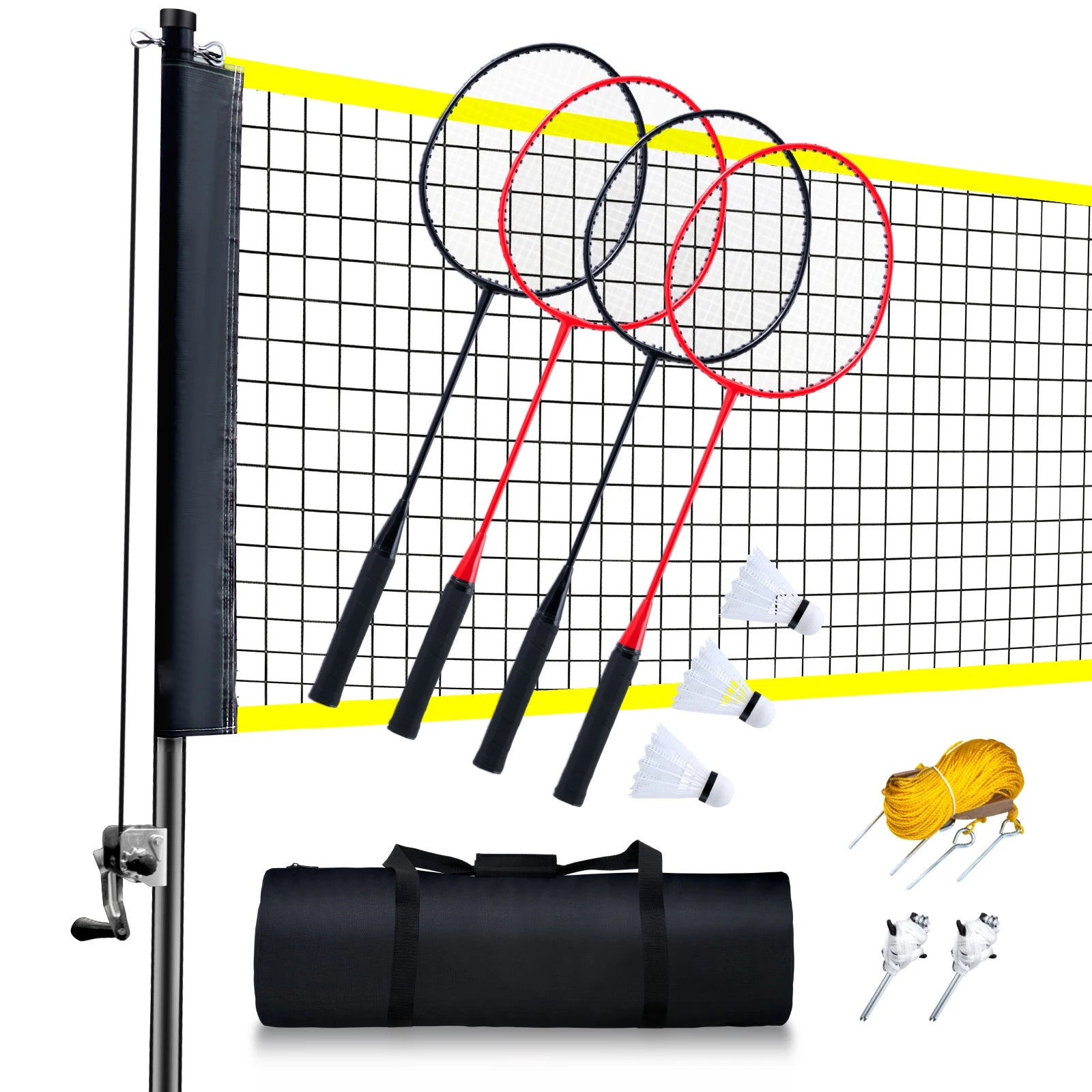 Outdoor Badminton Net Set W/Poles, Carrying Bag and 4 Iron Rackets