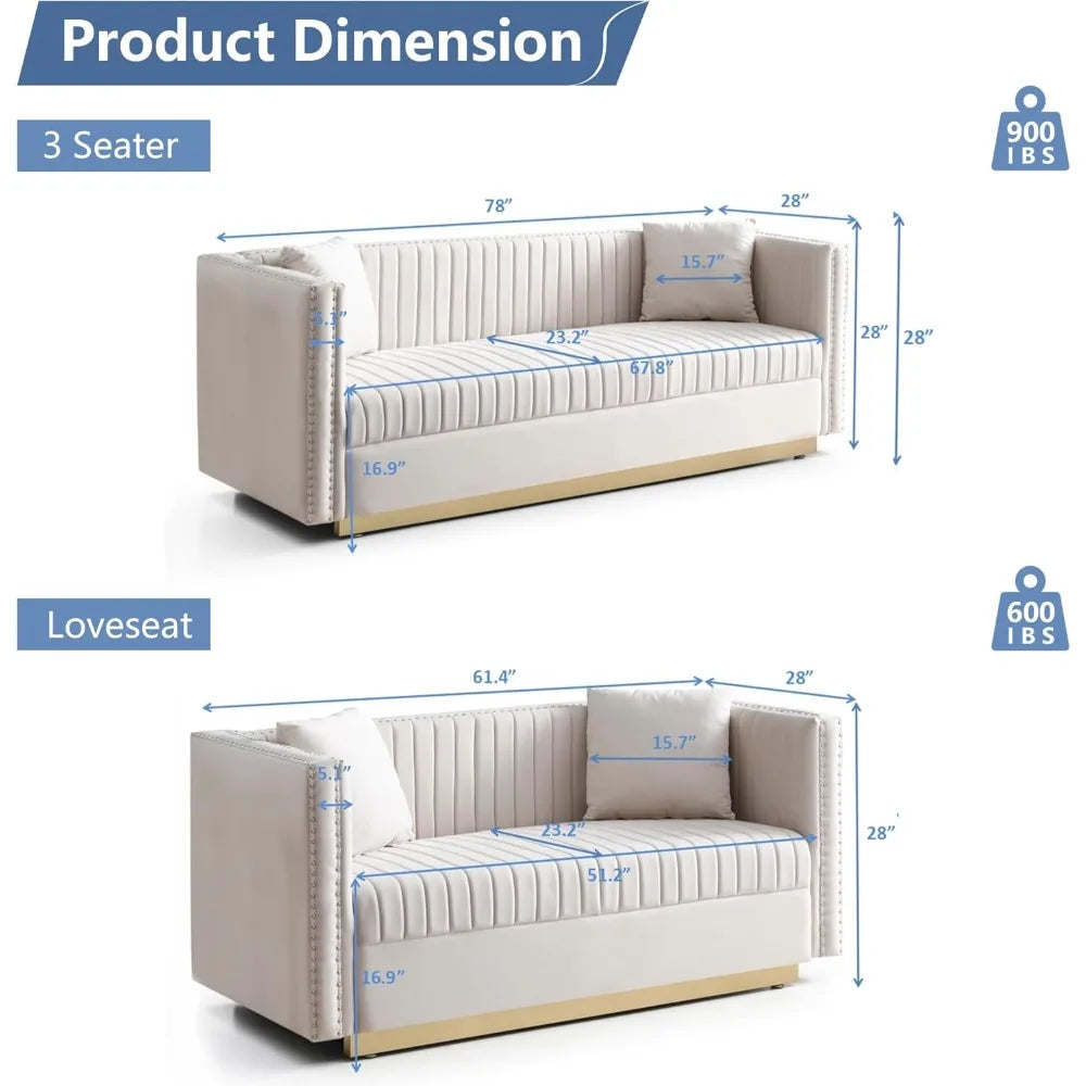 Luxury Velvet Sofa Set for Living Room with Nailhead Gold Metal Legs and 4 Pillows.