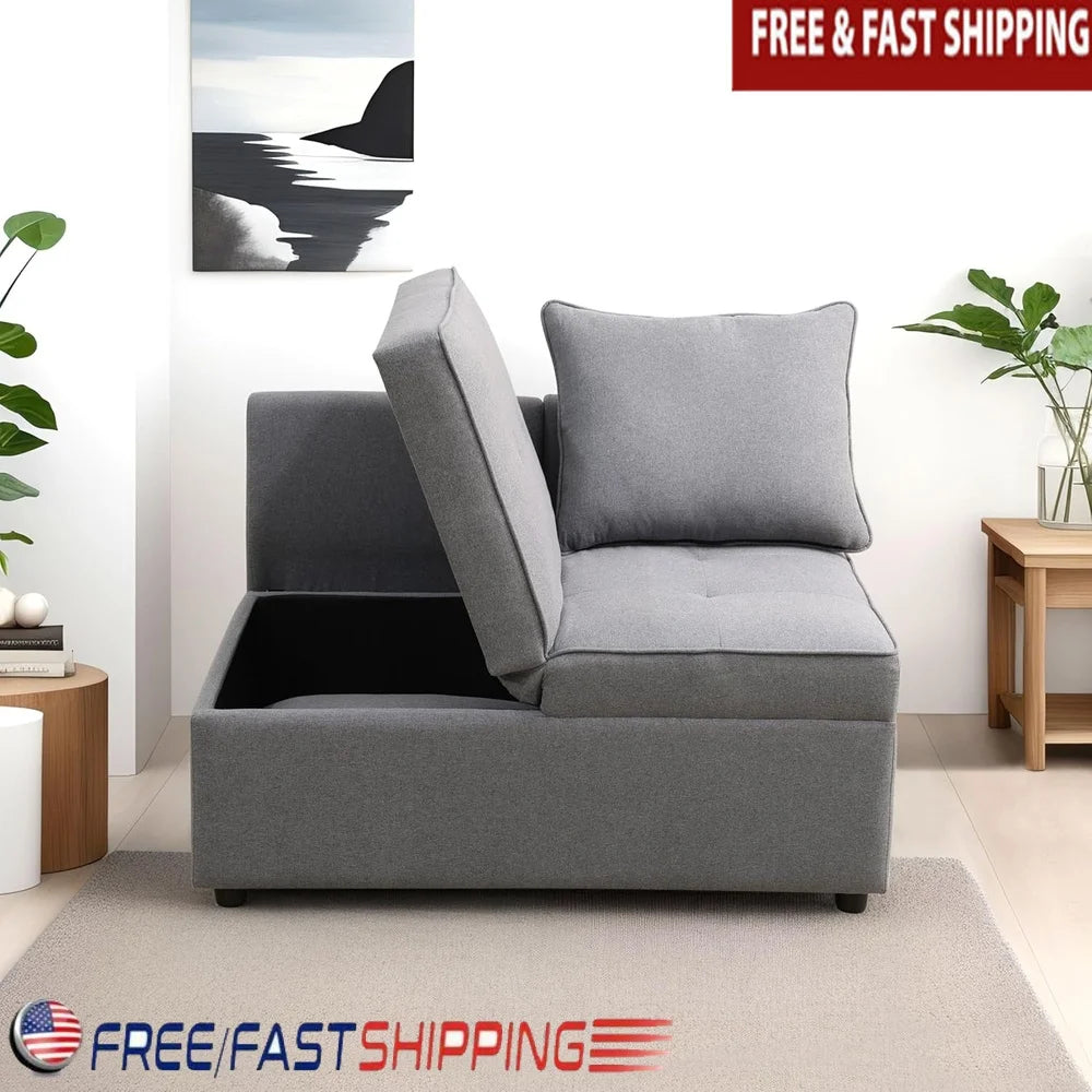 Convertible Ottoman/Sofa Bed with Storage, Adjustable Backrest and Two Pillows.