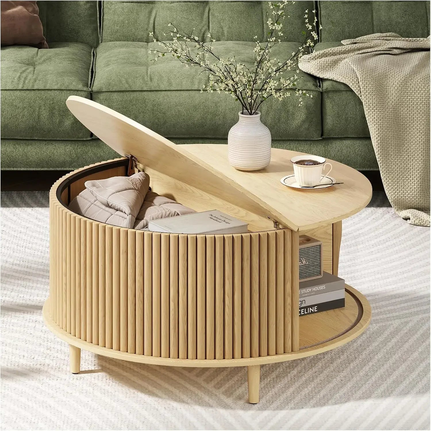 Round Coffee Table with Sliding Cabinet Door and Storage in Black or Oak.