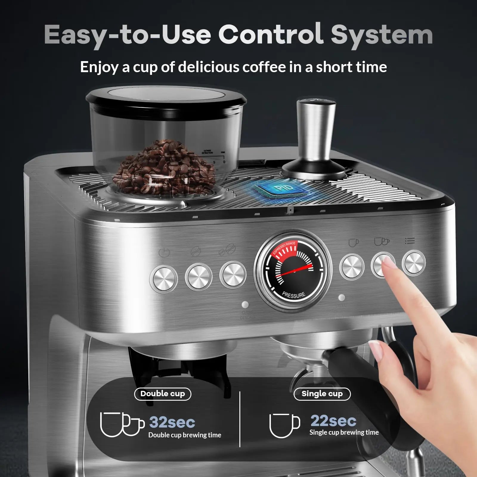 Espresso Stainless Steel Coffee Maker With Grinder and Milk Frother, 2.8L Water Tank.