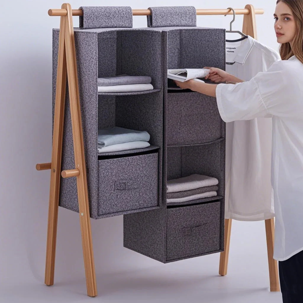 5 Shelf Hanging Cotton Wardrobe Storage Bag With 2 Drawers
