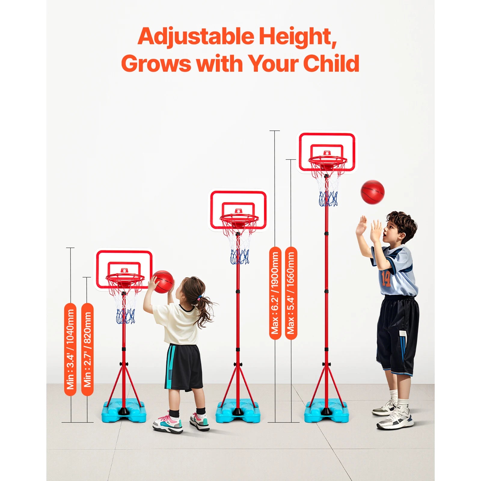 Adjustable Basketball Hoop for Kids, Recommended Age 3-6 YO.