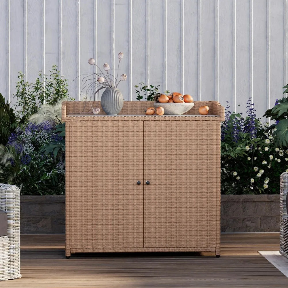 Large Rattan Outdoor Storage Cabinet with Waterproof Metal and Shelving.