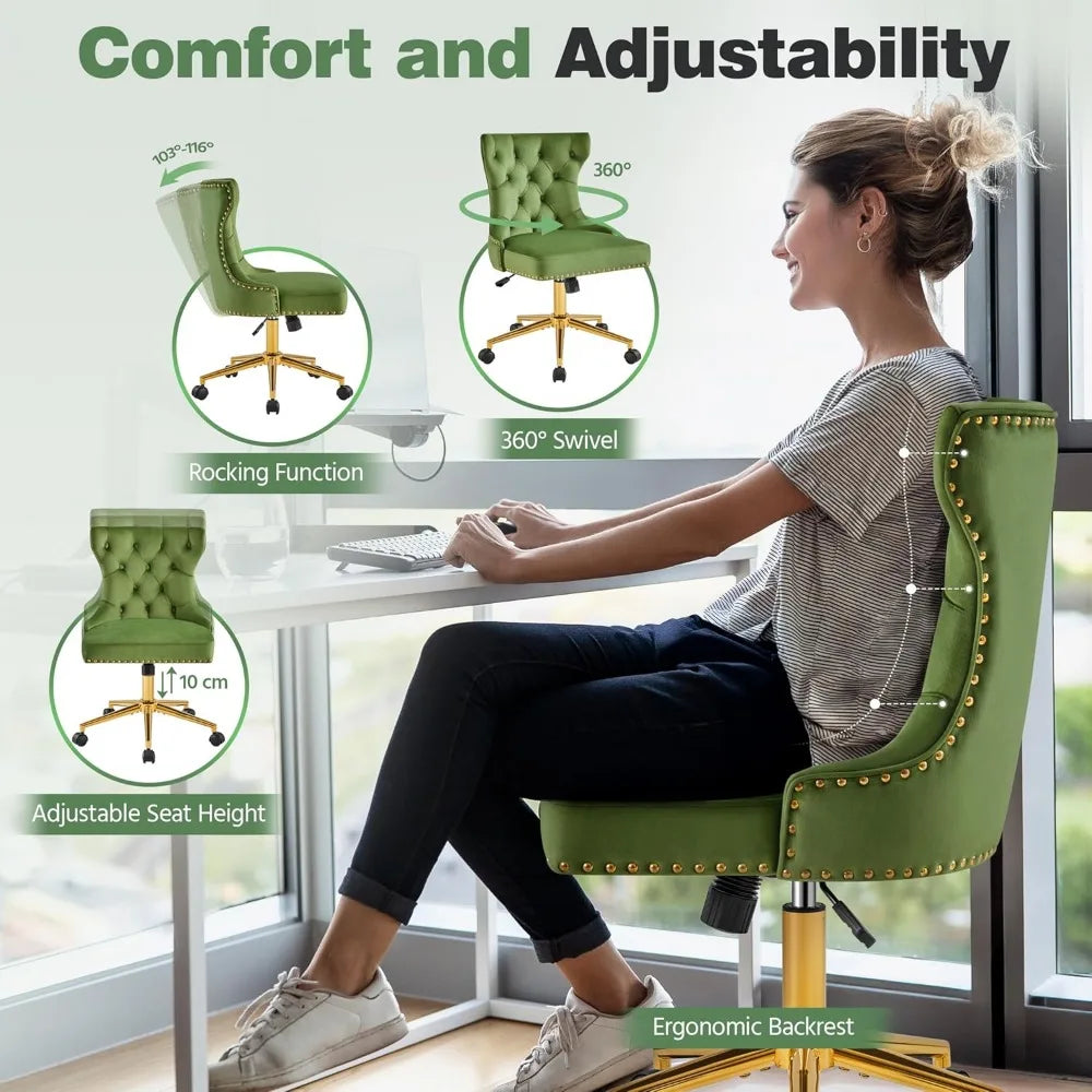 Adjustable Armless Velvet Desk or Vanity Chair with Back, Gold Base/Wheels and Rotating Seat,