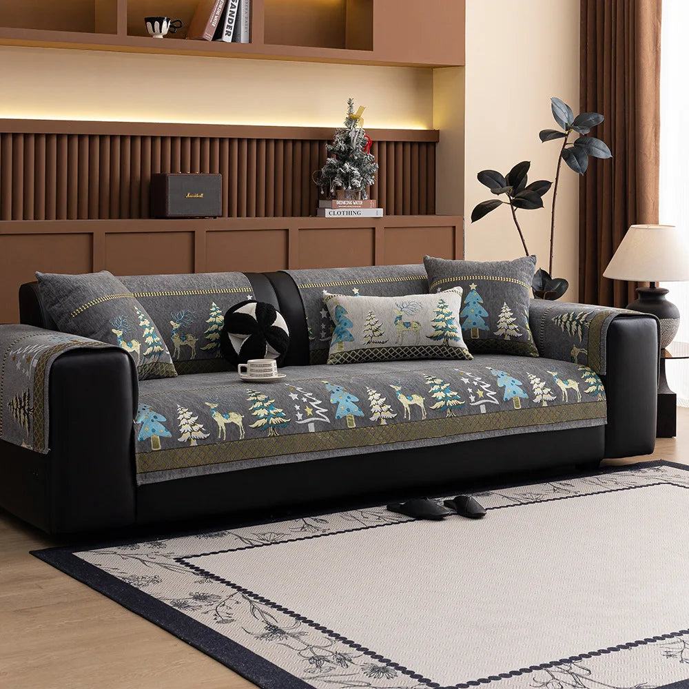 Chenille Christmas Sofa Cover with Christmas Tree and Deer Pattern and Anti-Slip Fabric