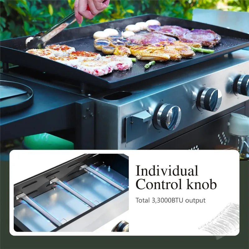 27-Inch 3-Burner Propane Flat Top Grill with Ceramic Coated Cast Iron Griddle.