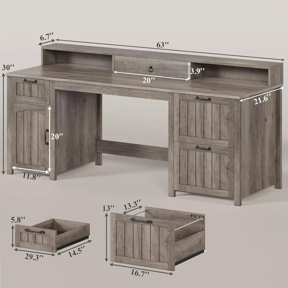 63" Wooden Farmhouse Executive Desk with Drawers, Storage Cabinet and File Drawer.