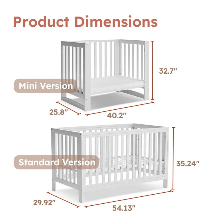 11-In-1 Adjustable Height Convertible Mini Cradle to Full Size Crib with Removable Wheels. Color White,