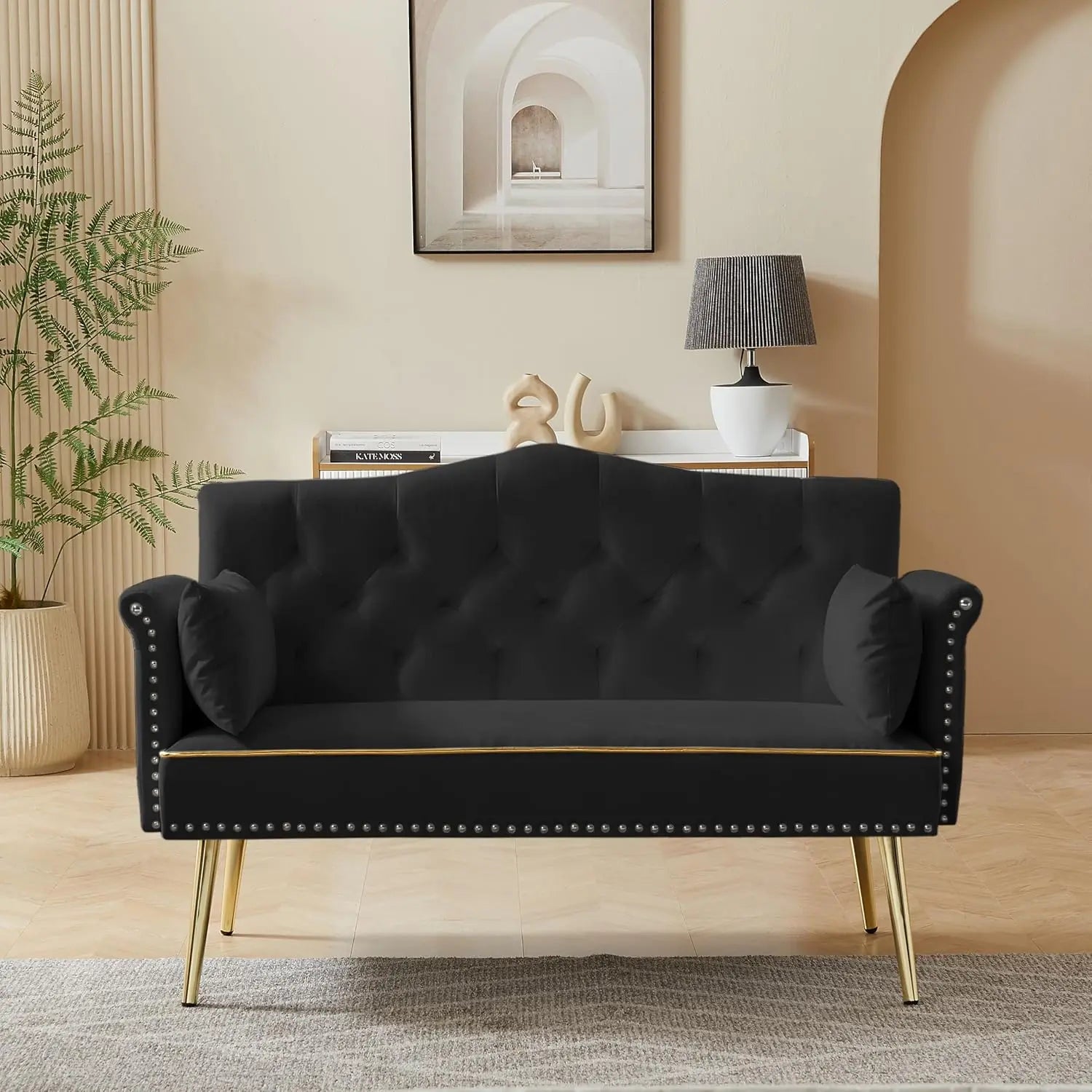55-Inch Velvet Loveseat with Tufted Backrest, Side Pockets and Gold Metal Legs.  Also available in white or gray chair.
