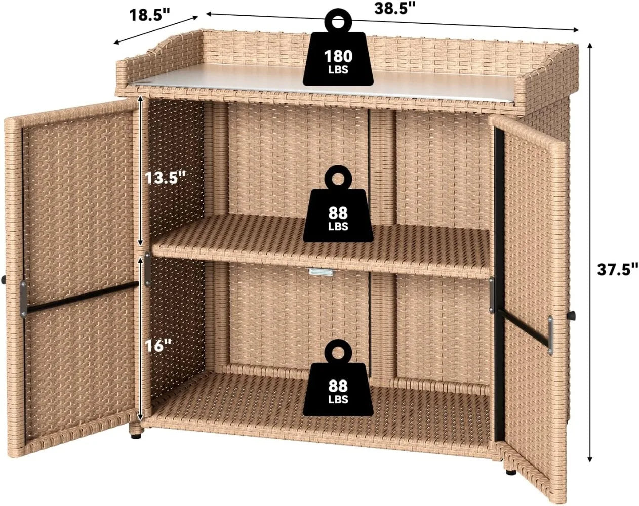 Large Rattan Outdoor Storage Cabinet with Waterproof Metal and Shelving.
