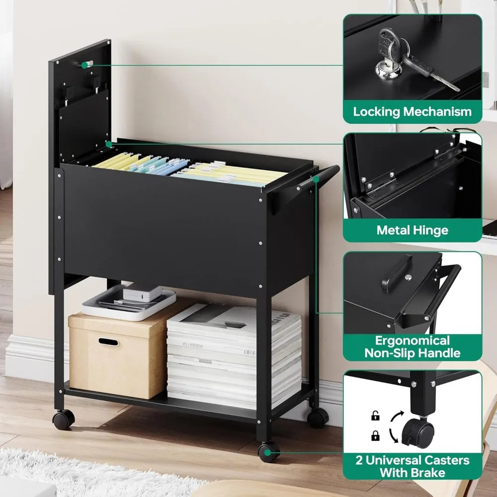 Rolling File Cart with Lock and Pull-Out Hanging File Folders