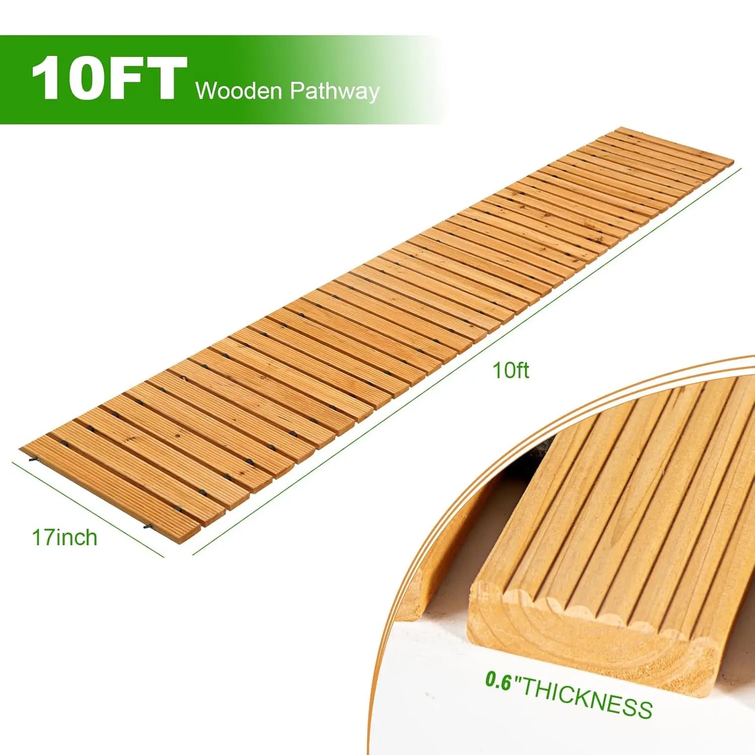 10FT Wooden Outdoor Roll Out Weather Resistant and Non-Slip Hardwood Walkway