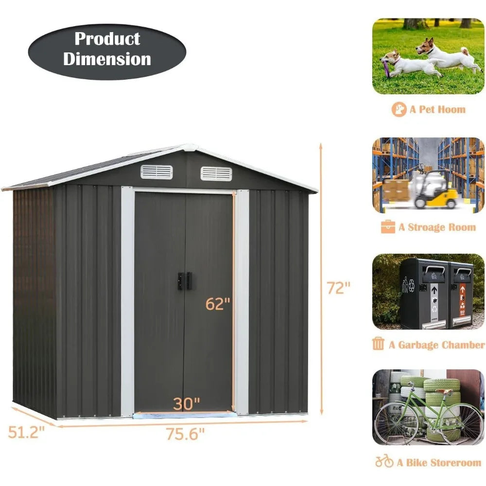 6.2 X 4.2 FT Outdoor Waterproof Metal Storage Shed With Sliding Door.