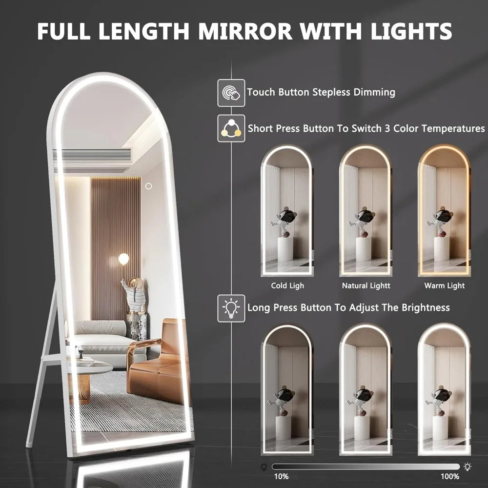 White Frame Arch LED Full Length Mirror with 3 Colors.