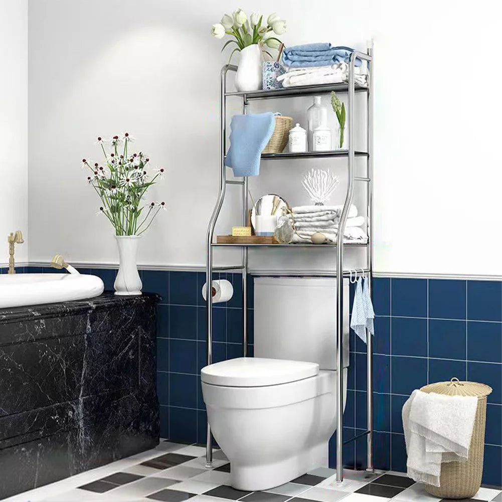 Metal Over The Toilet Storage Rack With Towel Hooks and Paper Holder.