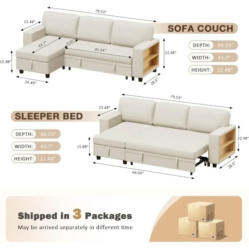 Sleeper Sofa with Built-in Large Storage and 2 Bookshelves and USB.