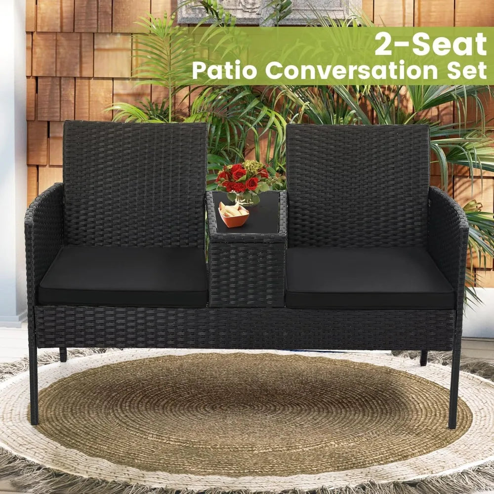 Wicker 2 Seat Outdoor Rattan Loveseat with Table and Washable Cushion Covers