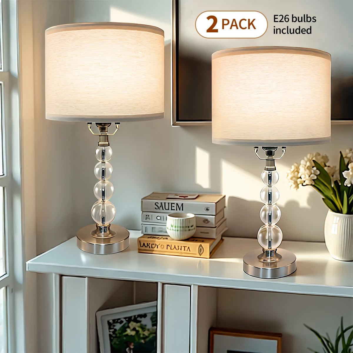 Set of Two Modern Multi-Room Table Lamps with Linen Colored Shades