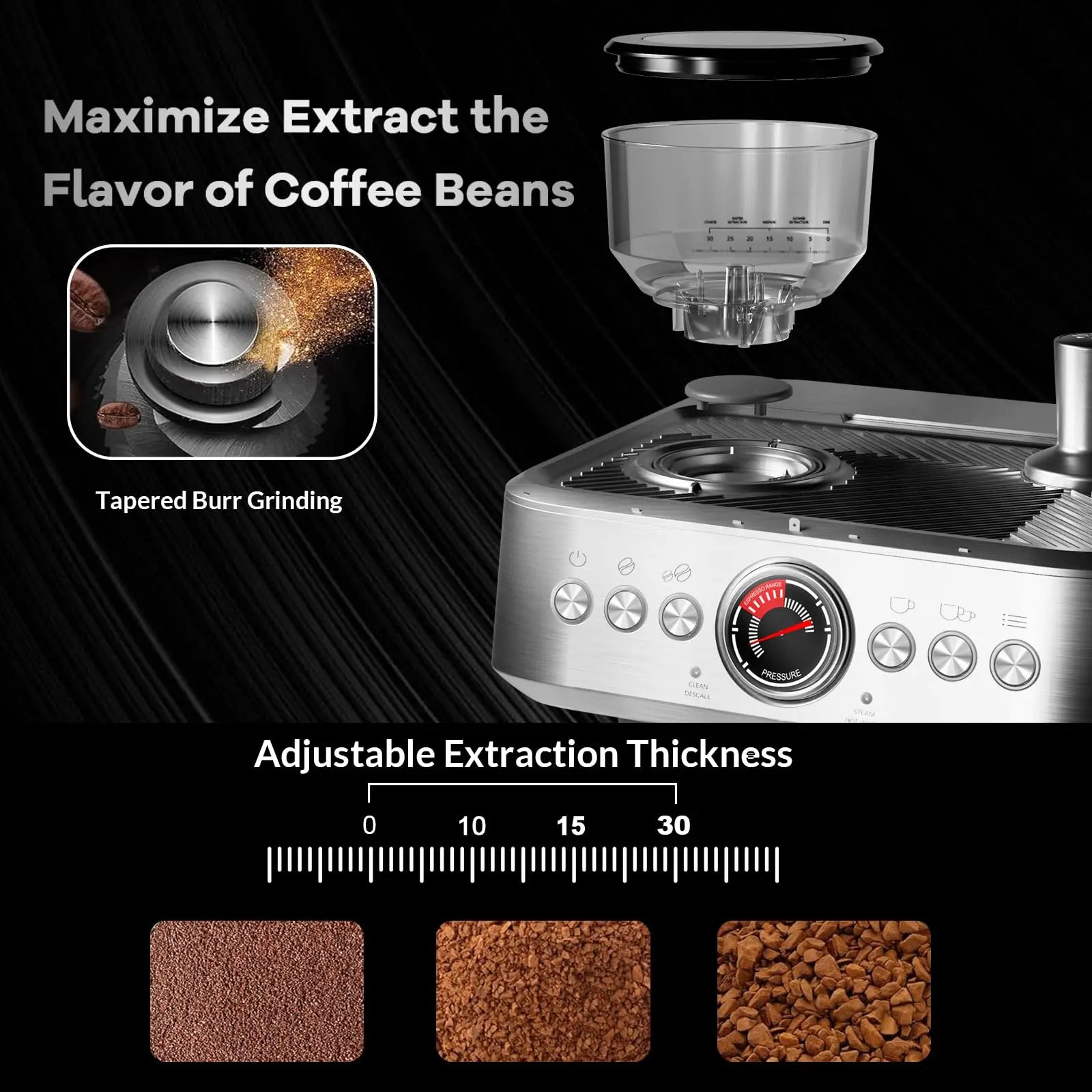 Espresso Stainless Steel Coffee Maker With Grinder and Milk Frother, 2.8L Water Tank.