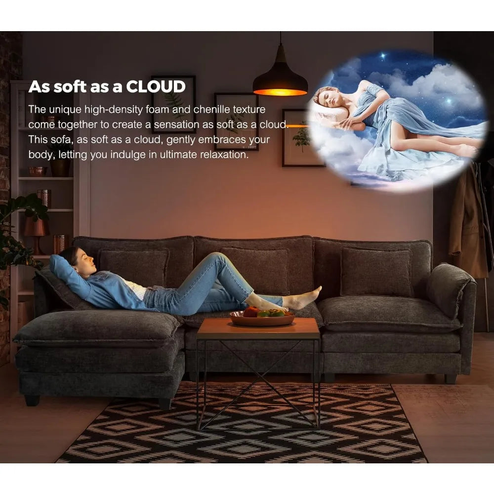 113" Modular Deep Seat Sectional Sofa with Movable Ottoman and Removable Covers in Various Colors.