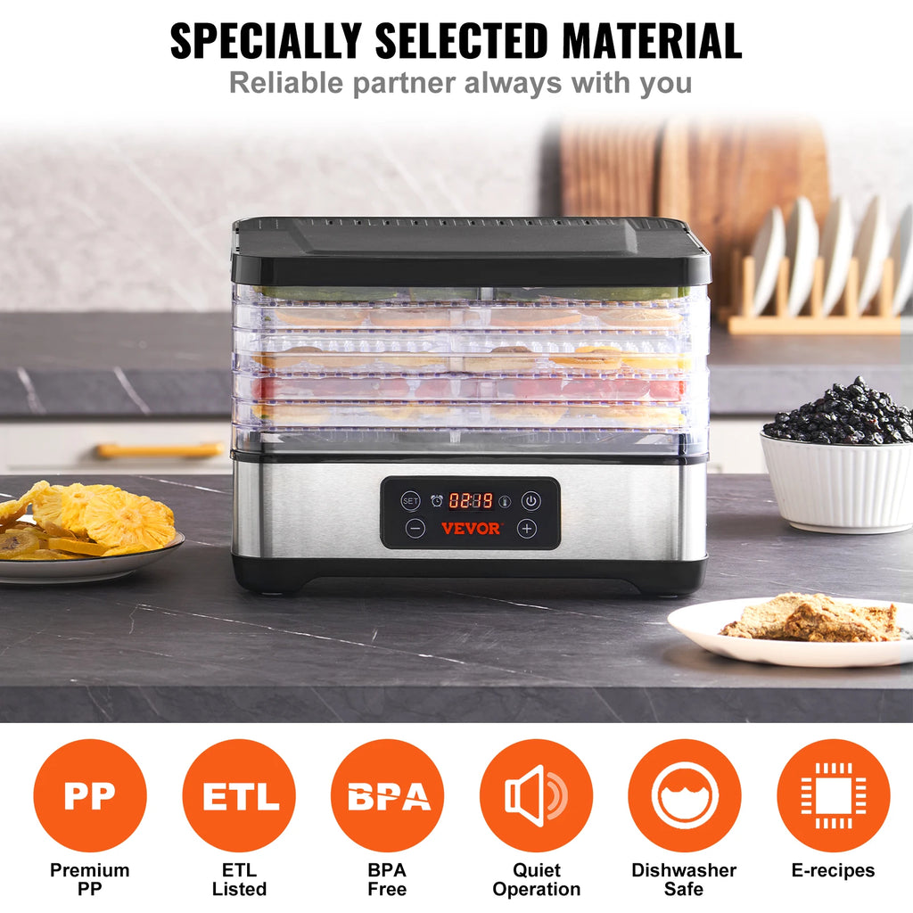 300W Stainless Steel Electric 5 Tray Food Dehydrator w/ Digital Adjustable Time & Temperature; Dishwasher Safe.
