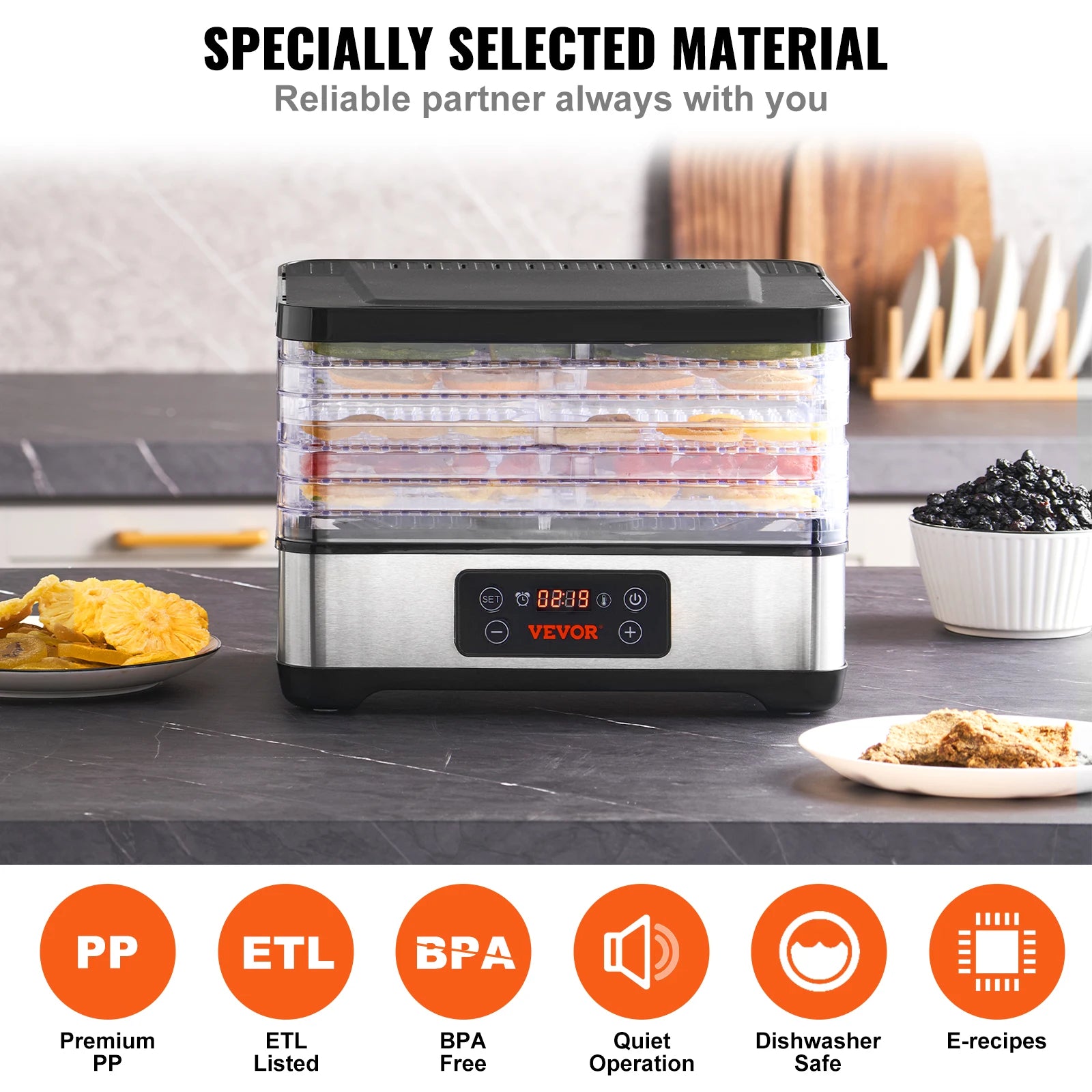 300W Stainless Steel Electric 5 Tray Food Dehydrator w/ Digital Adjustable Time & Temperature; Dishwasher Safe.