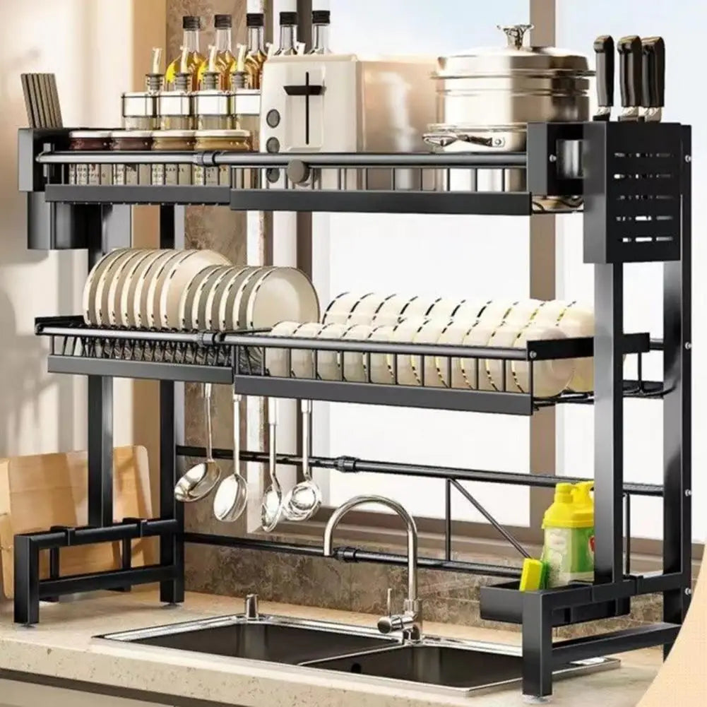 Adjustable Over Sink Double Layer Storage and Dish Drying Rack With Drain Frame.