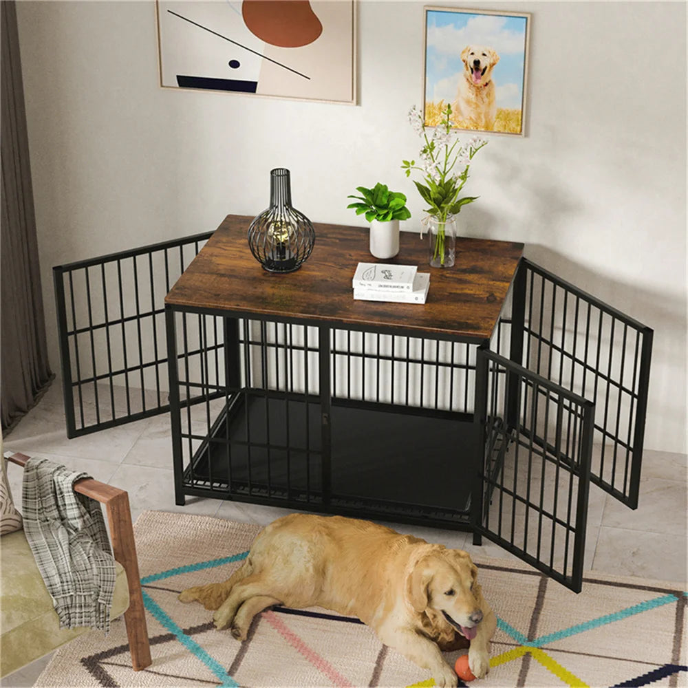 Large Indoor Wooden Dog Crate with 3 Doors and a Removable Tray; Can Serve As End Table