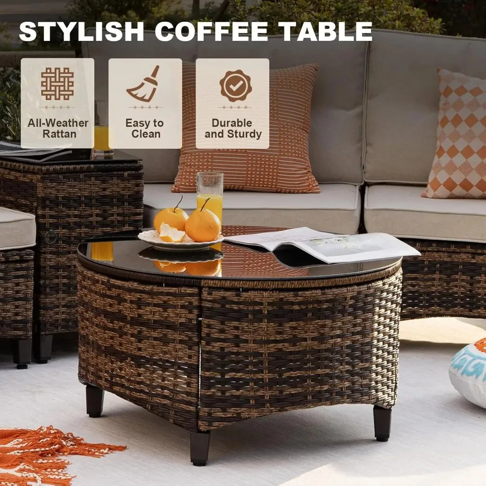 9 Piece Outdoor Patio Furniture Set, Half-Moon Curved Sectional Sofa Rattan Patio Conversation Set