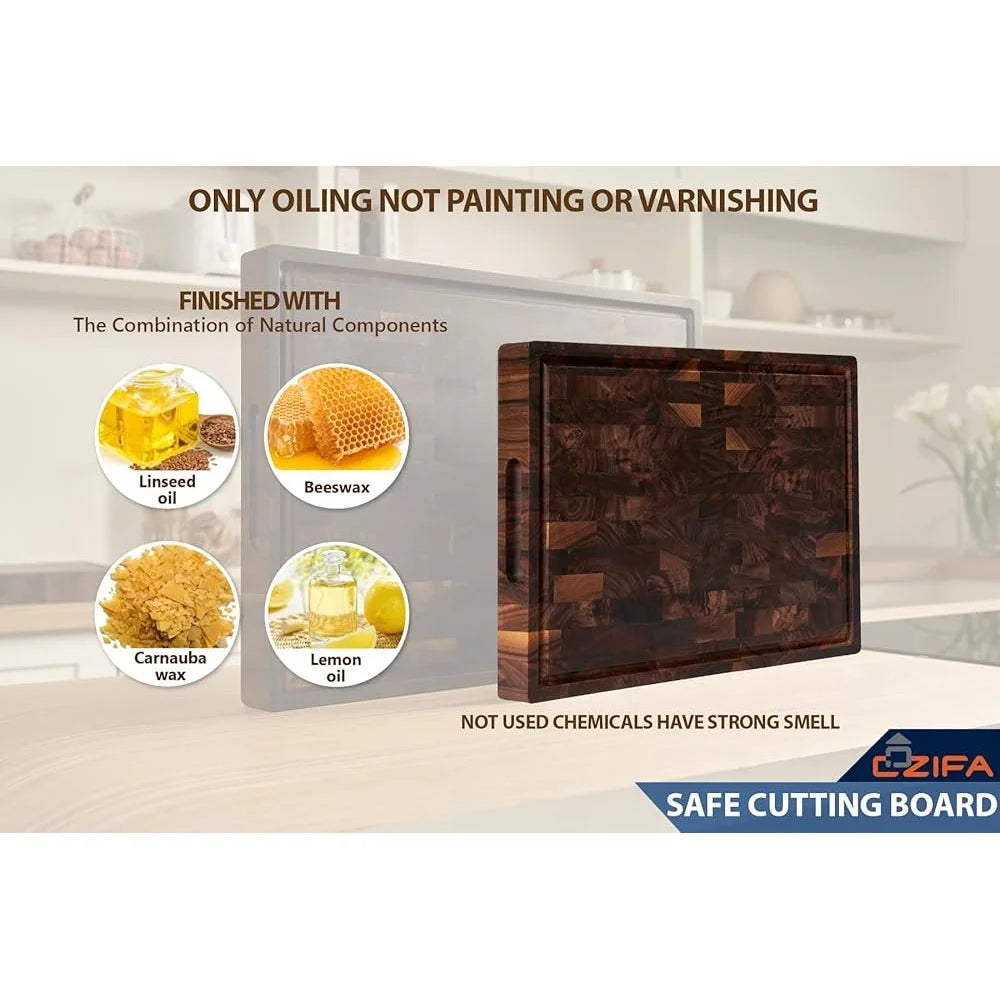 American Walnut Reversible Wood Cutting Board with Juice Groove and Built-In Handles.