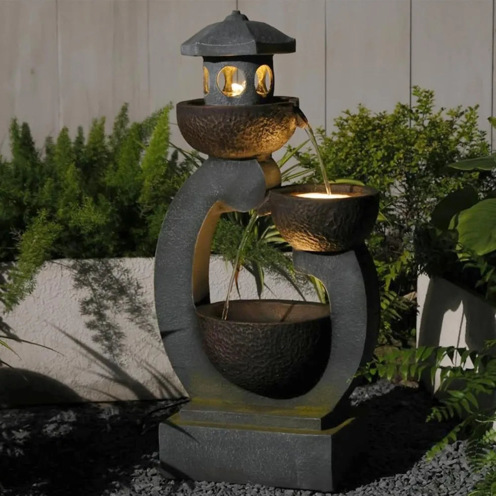 Outdoor Zen Feature - Garden Fengshui Freestanding Cascading Pagoda Waterfall with LED Lights & Pump.