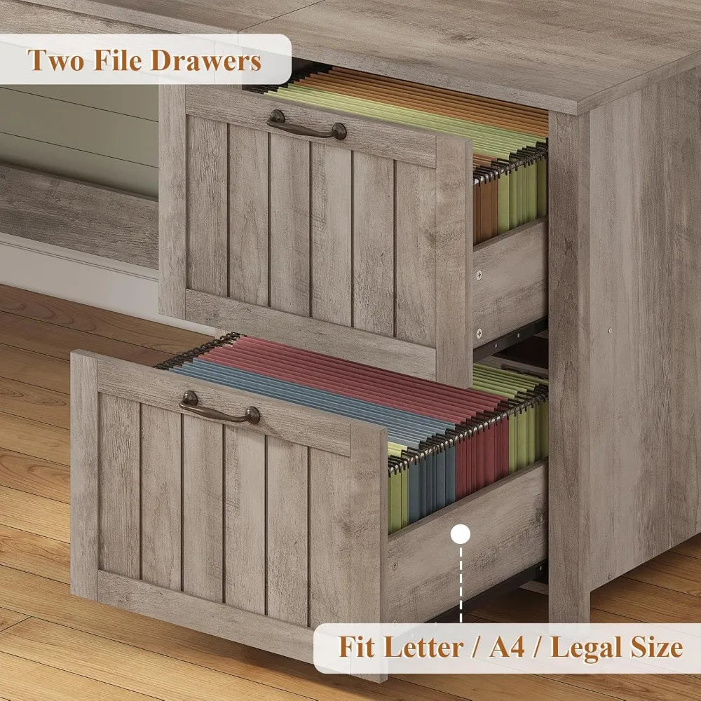 63" Wooden Farmhouse Executive Desk with Drawers, Storage Cabinet and File Drawer.