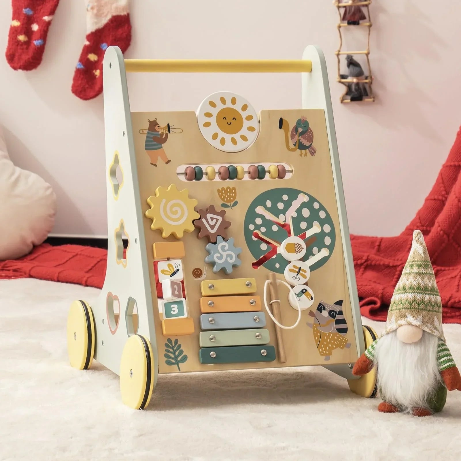 A Montessori Push Toy Baby Walker with Wooden Wheels.
