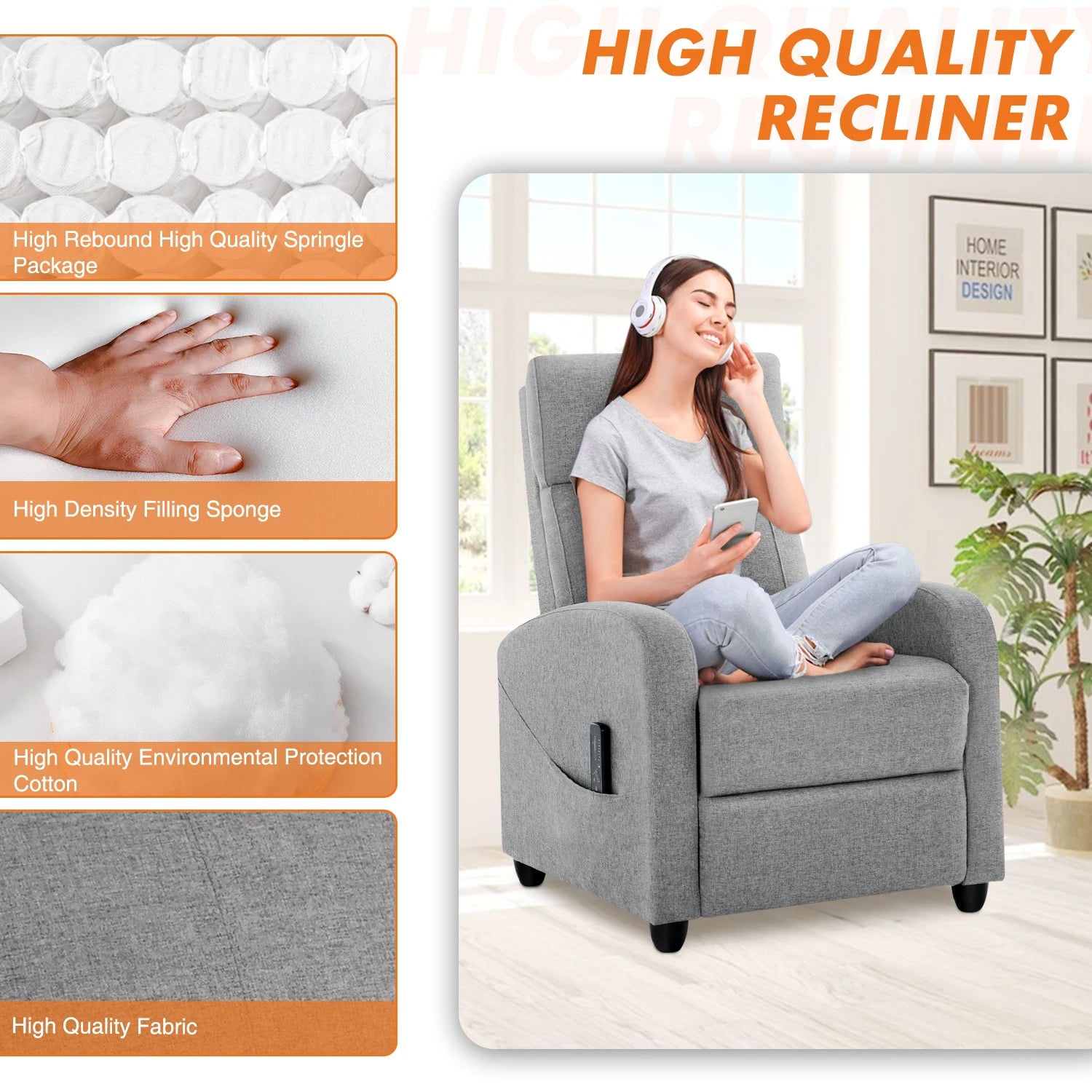 Recliner Chair with Massage, Lumbar Support and Adjustable Modern Padded Seat and Backrest