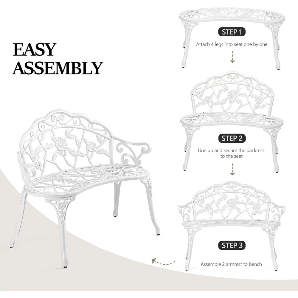Outdoor Garden Cast Iron and Aluminum Metal Rose Bench With Antique Finish. Various Colors.