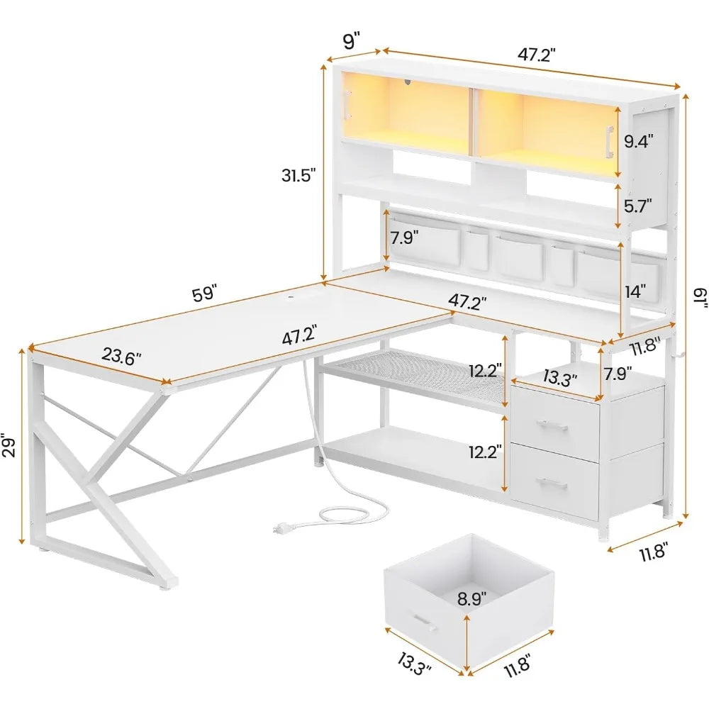 L Shaped Corner Gaming or Computer Desk for Home Office with 2 Drawers, Bookshelf, and LED Light,