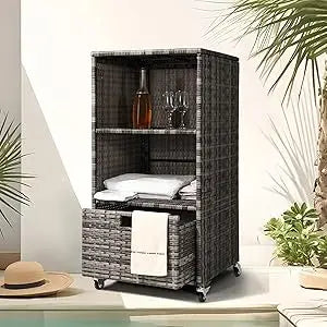 Outdoor Pool Towel Wicker Storage Cabinet with Shelves & Drawer.