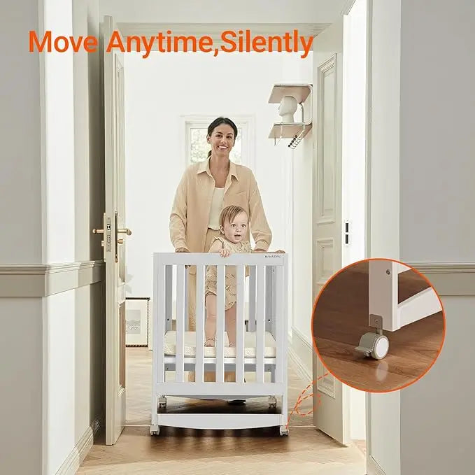 6-in-1 Adjustable Portable Mini White Crib including Mattress and made of New Zealand PInewood.