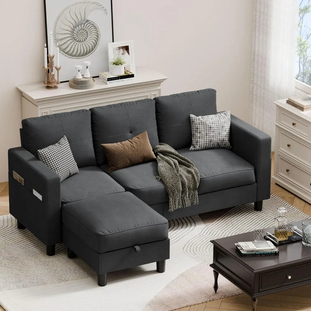 Convertible 3-Seat Sectional L-Shaped Couch  with Linen Fabric.