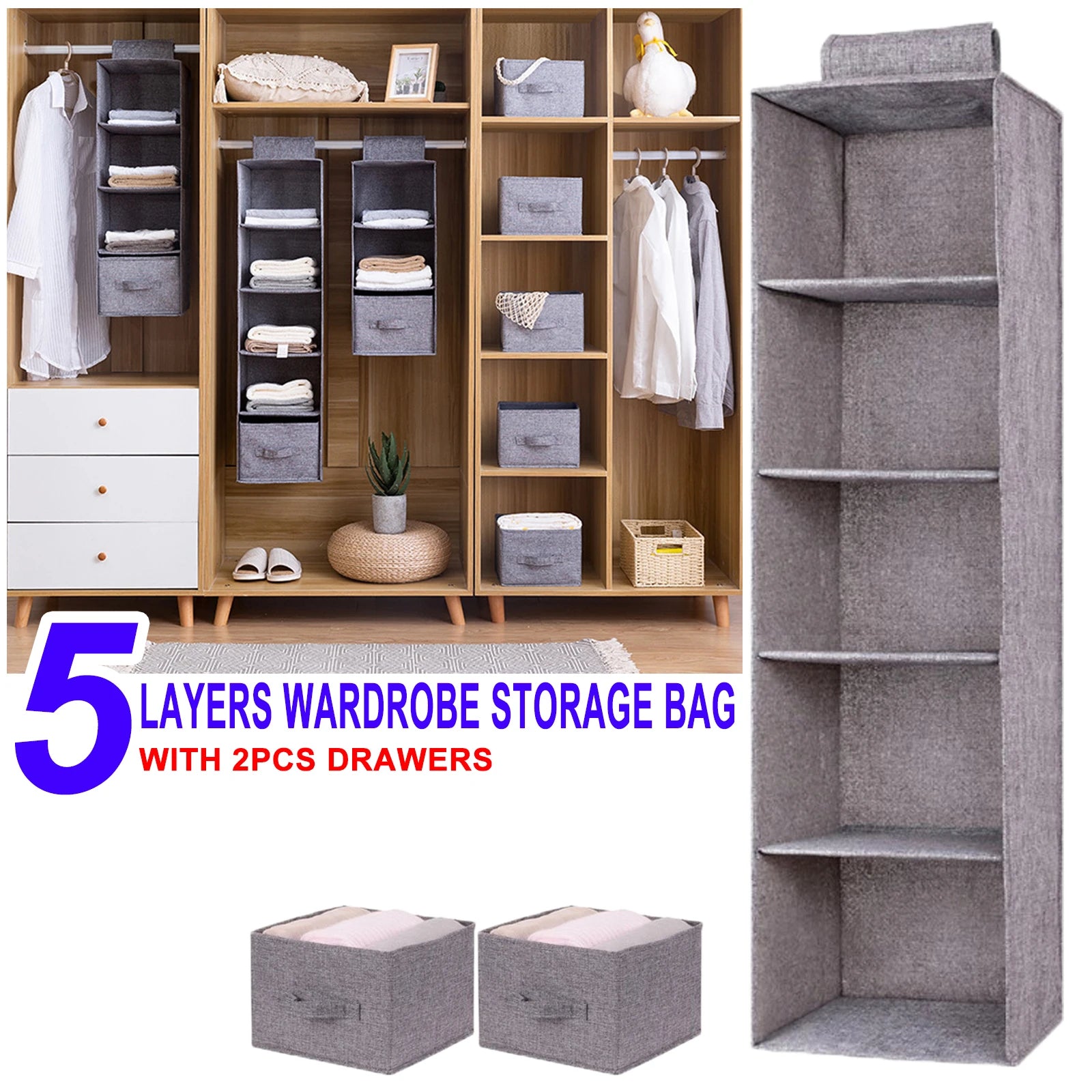 5 Shelf Hanging Cotton Wardrobe Storage Bag With 2 Drawers
