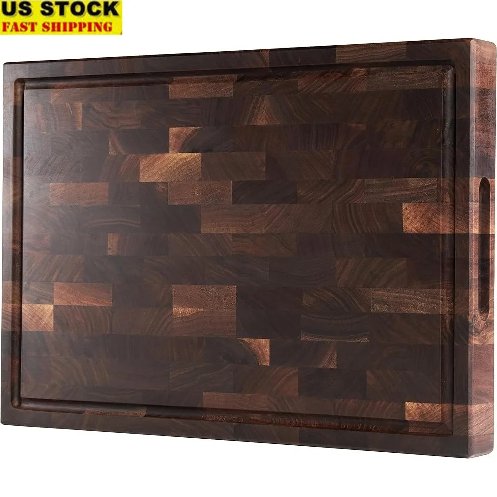 American Walnut Reversible Wood Cutting Board with Juice Groove and Built-In Handles.