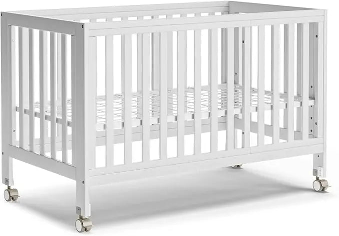 11-In-1 Adjustable Height Convertible Mini Cradle to Full Size Crib with Removable Wheels. Color White,